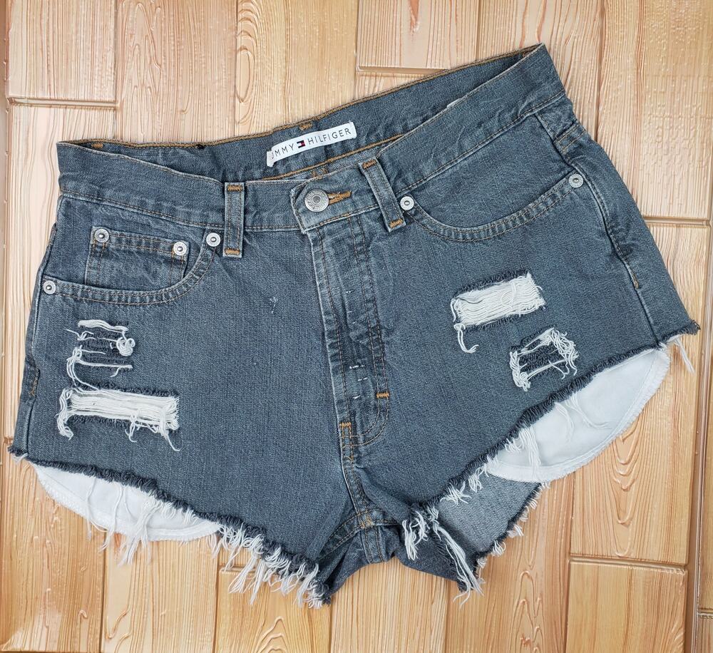 Tommy Hilfiger Distressed Hi-Rise Cut Off Mom Denim Shorts